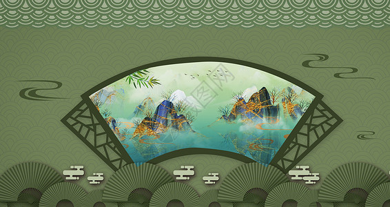 古风素材绿色中国风工笔画背景设计图片