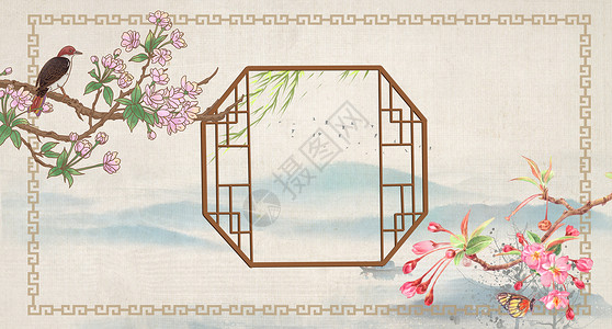 笼子鸟中国风工笔画背景设计图片