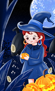 拿着笤帚的女巫万圣节之巫女拿着小南瓜灯插画