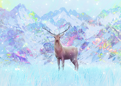 草地上的雪梦幻冬日麋鹿插画