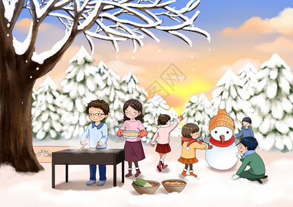 一家人堆雪人立冬冬天公园烧烤游玩插画插画