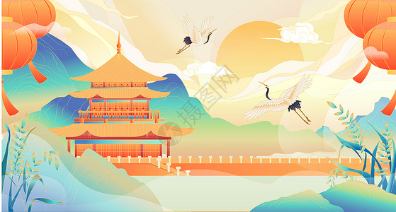 印度教寺庙中国风山水风景插画插画