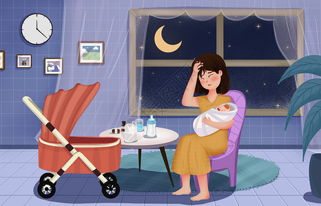 抱着母亲孩子产后抑郁症卡通医疗健康配图插画