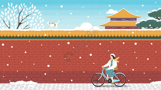 自行车简笔手绘冬日初雪骑车出行插画