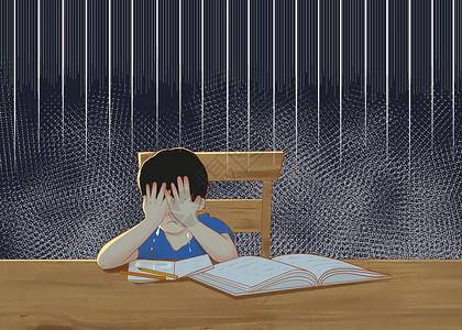 压力动力书桌上抑郁的儿童插画