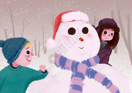 冬天孩子堆雪人插画背景图片