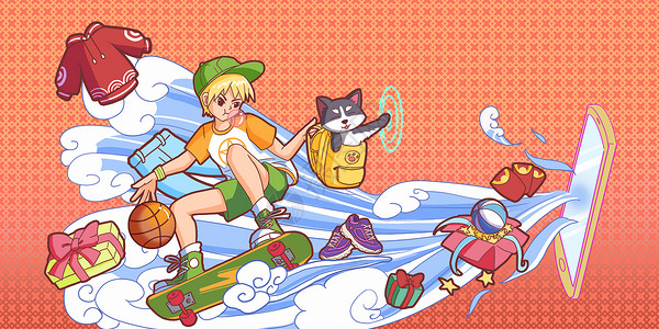 女孩和哈士奇滑板男孩双11购物banner插画插画