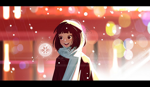 小雪中逆光的少女冬天插画背景图片