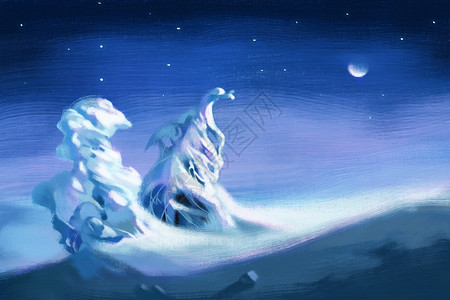 冬天雪松雪夜的戈壁插画