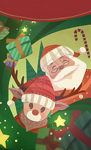 圣诞节圣诞老人和麋鹿合照插画背景图片
