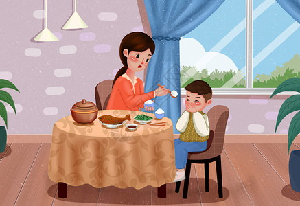定制厨房母亲和不愿意吃饭的孩子插画