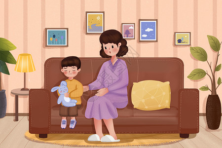 一个沙发母亲和不开心的男孩插画