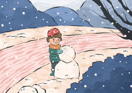 小雪堆雪人插画图片