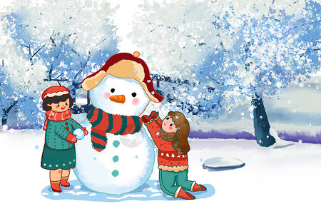 冬至堆雪人的孩子背景图片