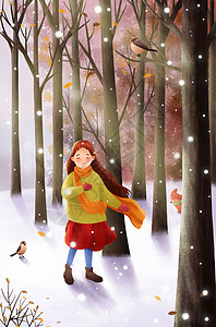下雪时树林中的女孩图片