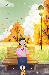 傍晚公园坐下公园看下雪吃关东煮的女孩插画