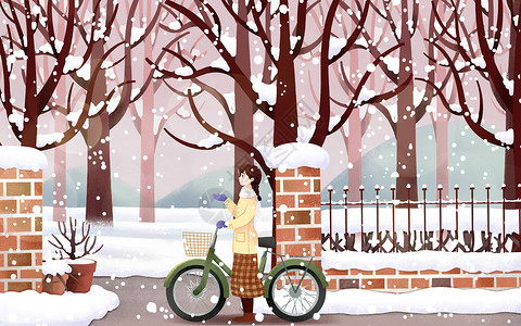 公路壁纸雪中骑车的女孩插画
