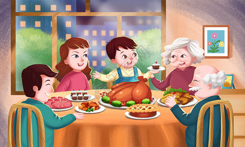 家庭大餐感恩节全家吃火鸡插画