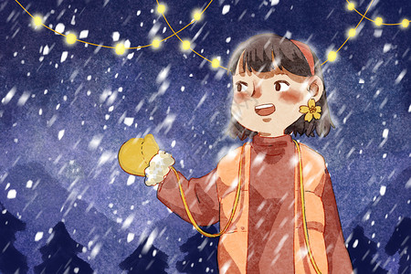 黑夜里的伞大雪夜里的女孩插画