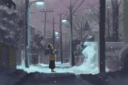 路灯夜晚雪中的少女插画