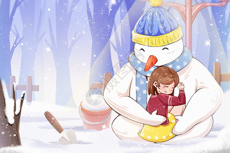 节气大雪下雪女孩与雪人拥抱高清图片