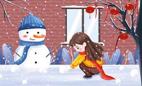 大雪之女孩堆雪人插画背景图片