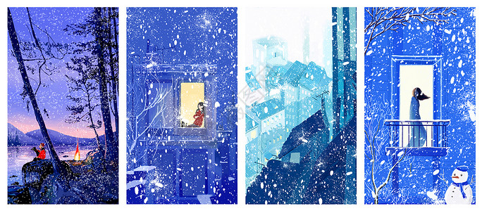 阳台照片素材蓝色小雪壁纸插画插画