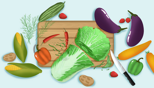 拿菜刀切菜板上的蔬菜插画