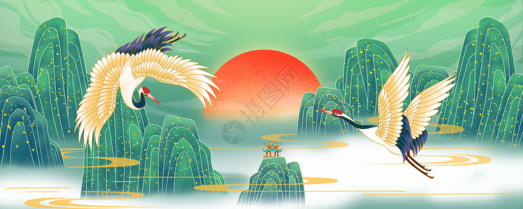 中国风水墨仙鹤背景墙旭日仙鹤青绿山水图插画