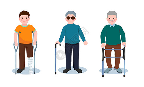 残疾人运动青年老人盲人与拐杖医疗器械插画