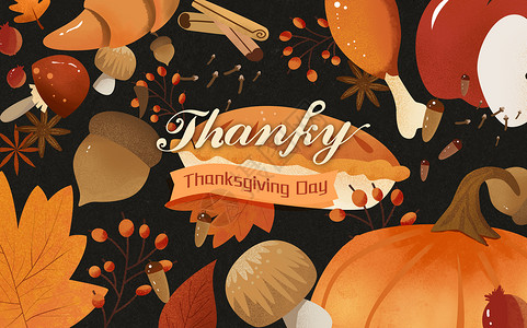 周年庆感恩回馈感恩节食物贺卡插画