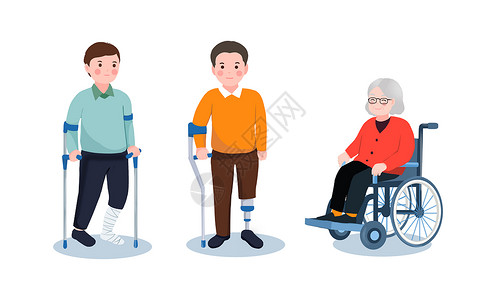 老人休息医疗机械青年老人拐杖与轮椅组合插画
