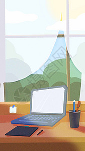 电脑桌海报房间里的四季夏天线上办公插画插画