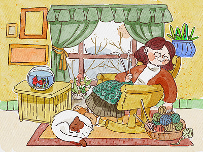 织毛衣老奶奶冬天在家里织毛衣的老奶奶水彩插画