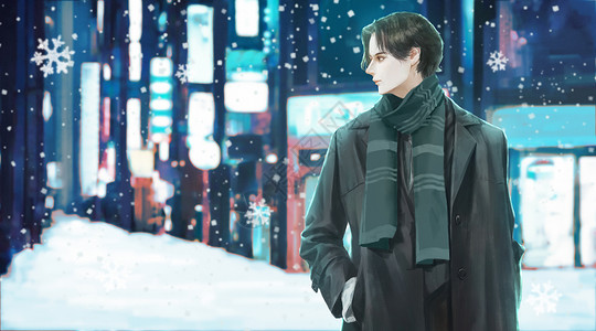 雪中的美男冬天城市街道夜晚下雪景色插画高清图片
