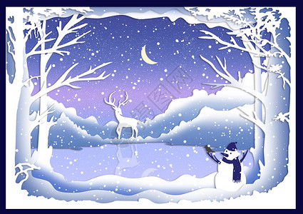 雪夜森林背景雪夜的小鹿插画