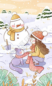 清新大雪节气堆雪人插画高清图片