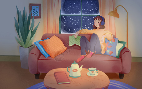 茶几和台灯冬天的夜晚居家温馨插画插画