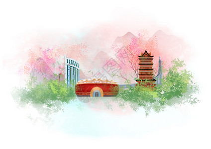 一个中心合肥中国风山水水墨城市地标建筑插画插画