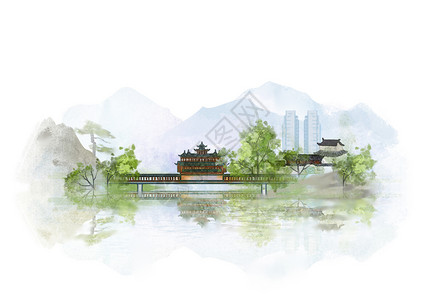 黄山中国风山水水墨城市地标建筑插画高清图片