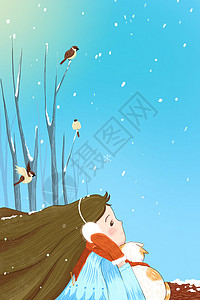 可爱的小麻雀大雪纷飞中的女孩和猫背景插画插画