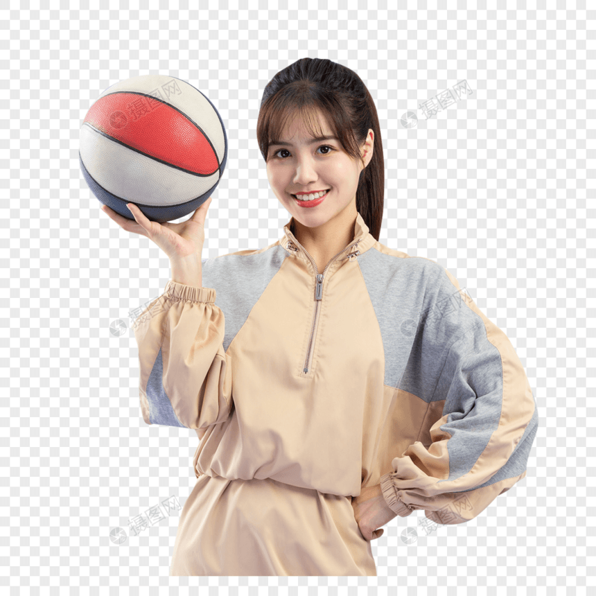穿休闲服的甜美女性与篮球图片