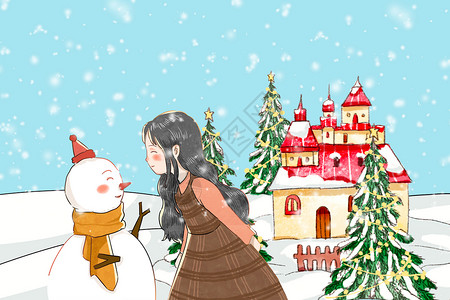 冬天的女孩和雪人背景图片