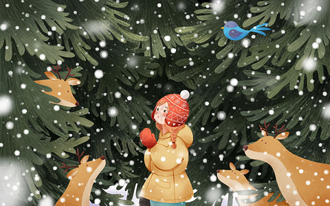 雪林雪中松树林小鹿和女孩插画