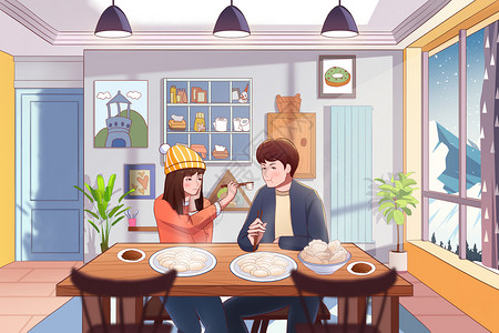 客厅餐厅俯视图冬至情侣吃饺子插画