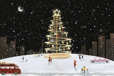 冬季雪星形装饰冬天圣诞夜景插画