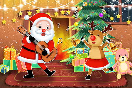 圣诞节跳舞的圣诞老人和麋鹿高清图片