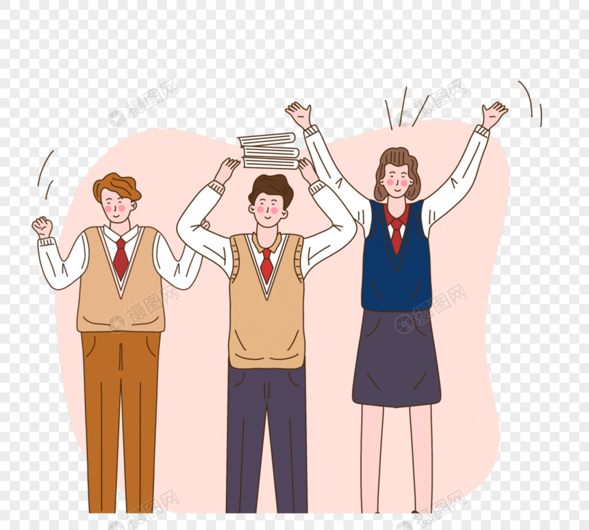 手绘卡通学生庆祝胜利图片