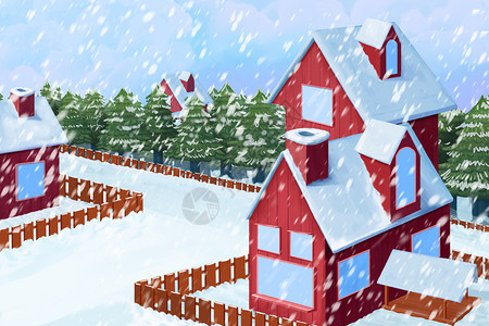 雪栅栏雪中的房子插画