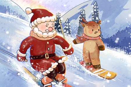 冬季防疫不忌医主题海报圣诞节圣诞老人麋鹿滑雪插画插画